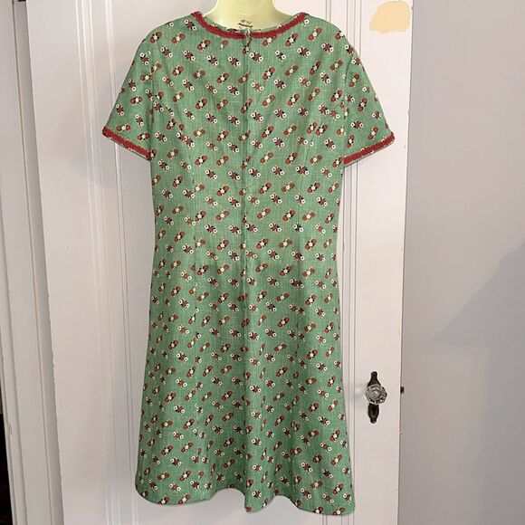 Vtg 60s Handmade green & red floral print polyester knit short sleeve dress - Picture 7 of 8